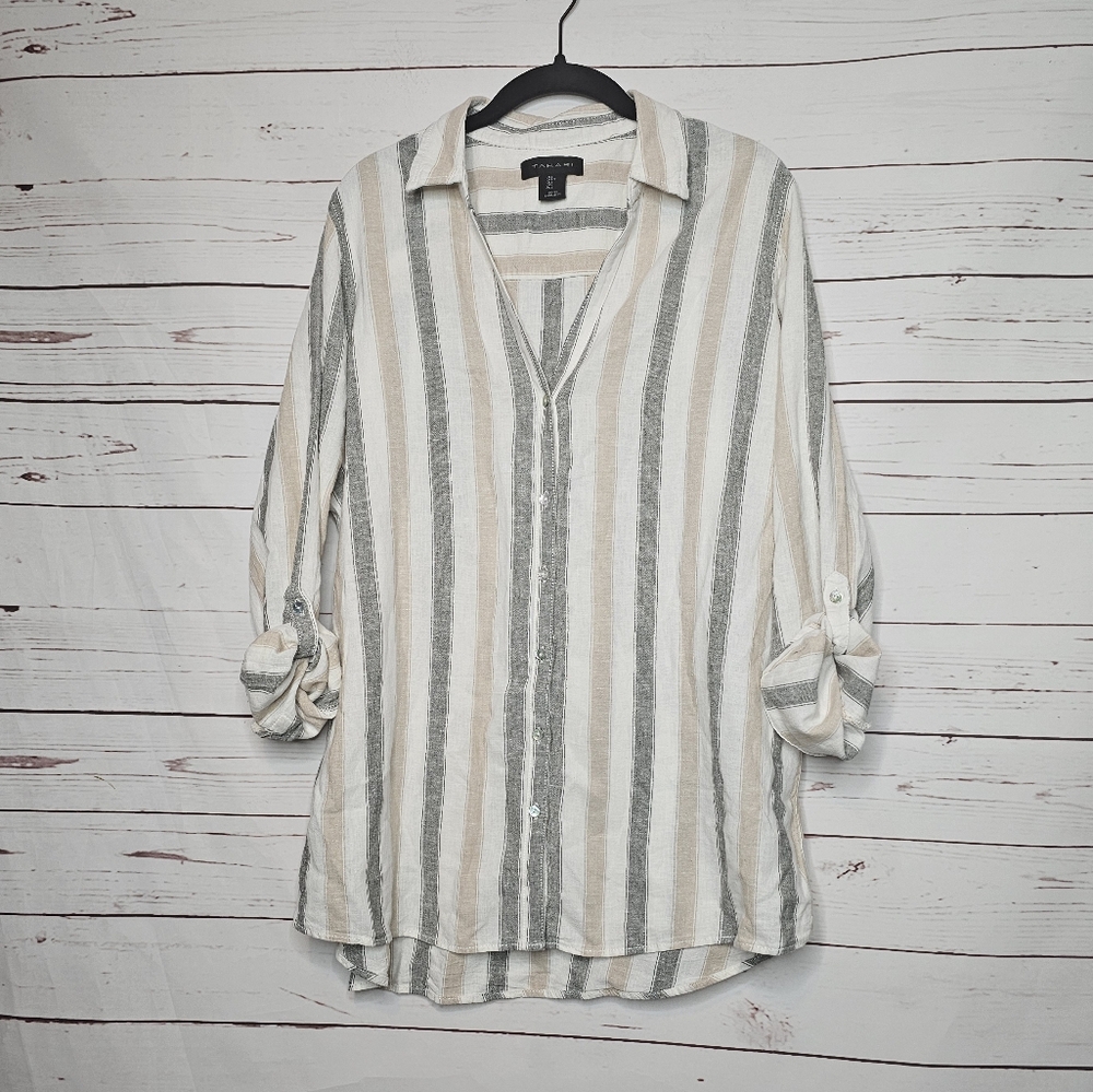 Tahari Striped Split Neck Linen Blend Tunic